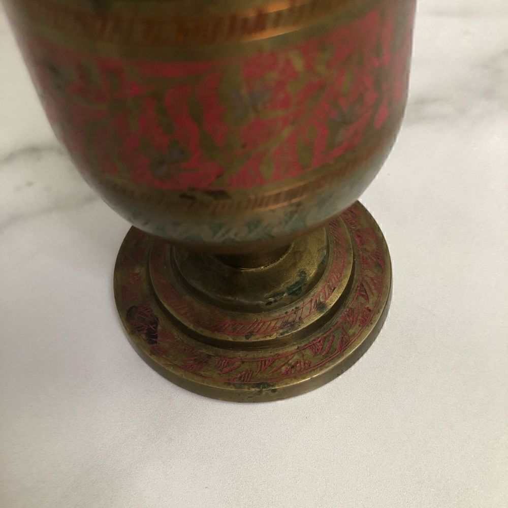 Vintage Etched Enamel Brass Footed Urn/Vase Red and Green Floral - Picture 2 of 10